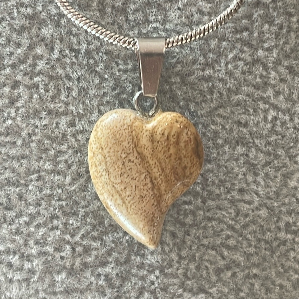 Jasper Gemstone  Heart Pendant on Silver Tone Chain 16” w/3” heart charm 1”